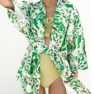 🆕 NWT ZARA Green & White Linen Blend Kimono with belt | Size M-L